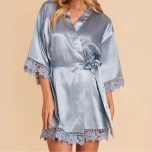 Bird grey Elegant Satin Lace Trim Robe - Blue BUNDLE